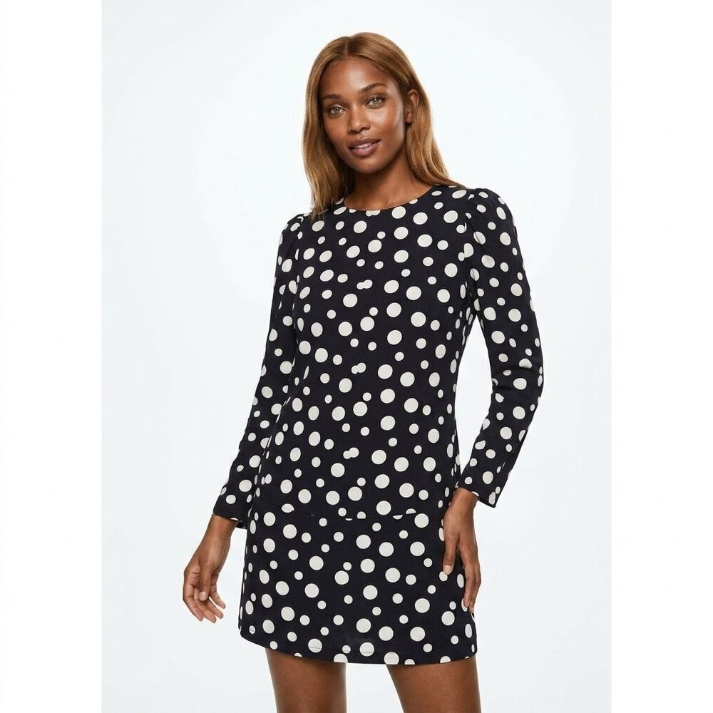 MANGO Black Shift Short Dress Women Long Sleeve Polka Dot Size XS